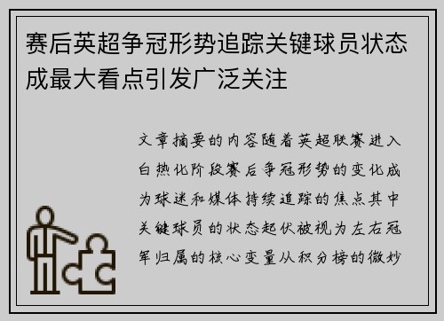 赛后英超争冠形势追踪关键球员状态成最大看点引发广泛关注